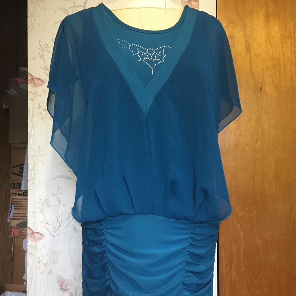 Turquoise short mini dress with butterfly sleeves